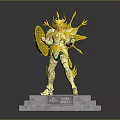 Game Movie Character Statue In Golden Armor With Wings Shield And Pedestal