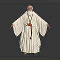 Man In White Robes With Brown Belt White Hair Long Beard Arms Outstretched Gray Background