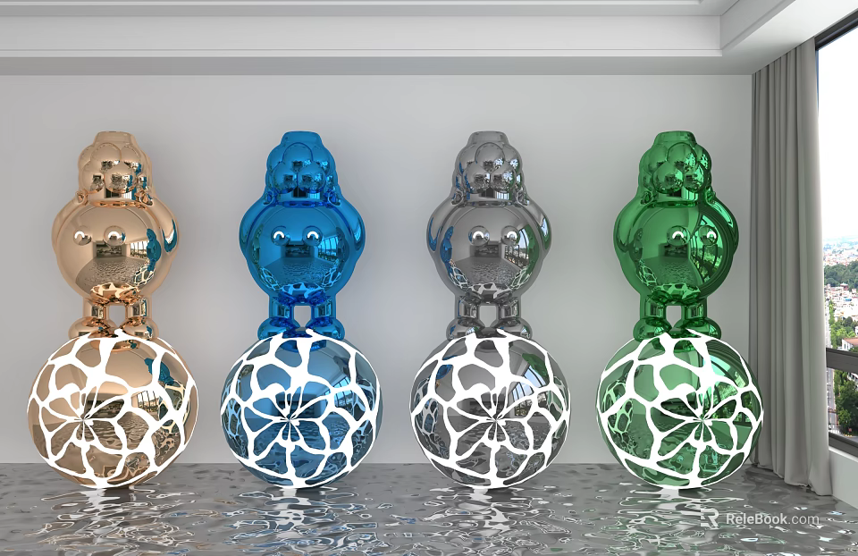 Colorful Decorative Sculptures With Gold Blue Silver Green Hues And White Patterned Sphere Bases 3d model 