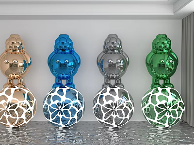 Colorful Decorative Sculptures With Gold Blue Silver Green Hues And White Patterned Sphere Bases 3d model
