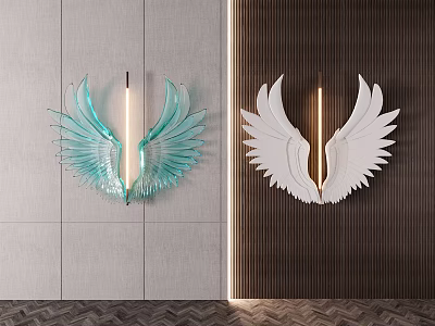 Wing Shaped Wall Decor with Turquoise and White Design Illuminated on Modern Walls 3d model