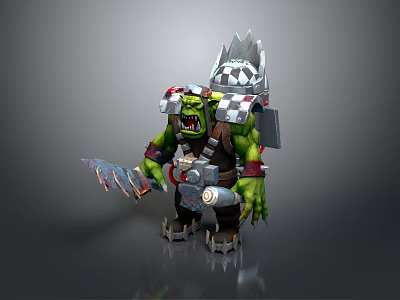 Fantasy Orc Game Character With Green Skin Spiked Helmet And Armored Body Clutching Sharp Weapon 3d model