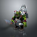 Fantasy Orc Game Character With Green Skin Spiked Helmet And Armored Body Clutching Sharp Weapon