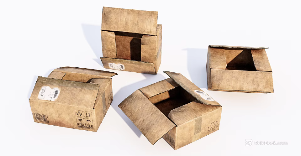Open Brown Corrugated Cardboard Cartons with Folded Lids and Empty Interiors 3d model 