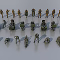 Multiple Military Figures in Various Action Poses Standing Kneeling and Carrying Equipment