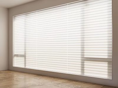 White Blinds Covering Large Window In Modern Room With Wooden Floor 3d model
