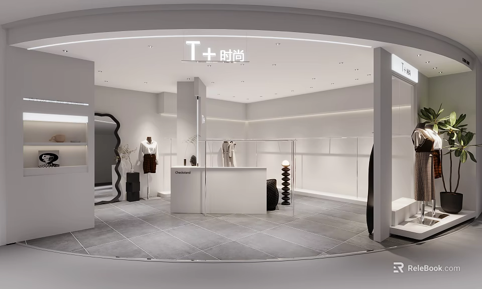 Modern Clothing Store Interior With Mannequins Clothing Racks Cashier Counter And Display Area 3d model 