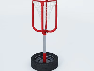 Red Frame Basketball Hoop With White Net And Black Tire Base 3d model