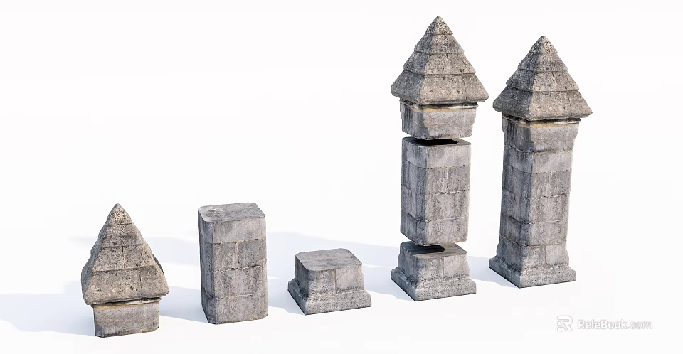 Decorative Stone Columns With Pyramid Tops And Square Bases In Various Sizes 3d model