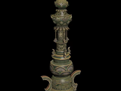 Ancient Chinese Bronze Artifact with Intricate Carvings Layered Lotus and Symmetrical Handles 3d model
