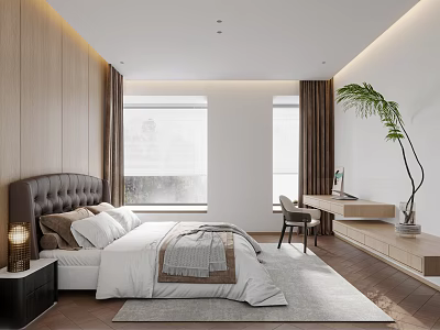 Modern Bedroom Interior Design With Wooden Walls Tufted Headboard White Linens Desk And Potted Plant 3d model
