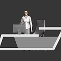 Modern Reception Desk With Computer Monitor And Female Staff Standing Near Black Chair