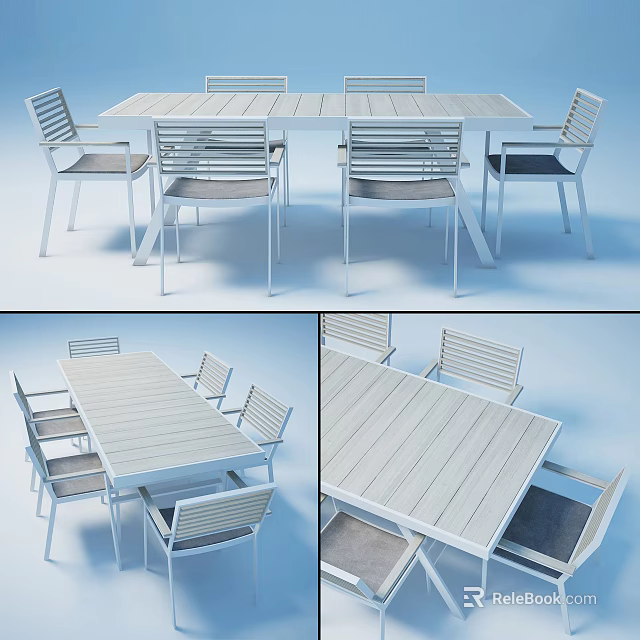 Modern White Rectangular Dining Table Set With Six Backrest Chairs And Comfortable Seats 3d model