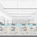 Spacious Public Office Space With Bright Pendant Lights Desks Computers And Large Windows 3d model