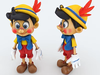 Pinocchio Doll Figure With Yellow Hat Red Feather Blue Bow And Red Shorts 3d model