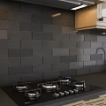 Modern Kitchen With Light Wooden Cabinets Black Appliances And Dark Tile Backsplash