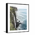Set of Two Landscape Paintings Featuring Coastal Cliffs Waterfall Castle Ruins and Ocean Waves