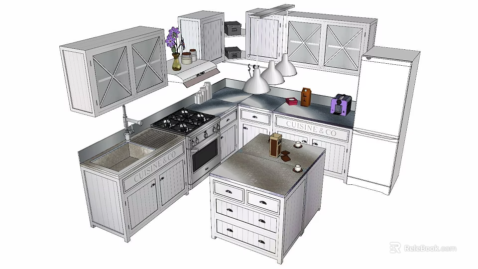 Stylish Modern Kitchen Interior With White Cabinets Island Drawers Sink And Appliances 3d model 