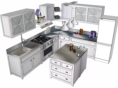 Stylish Modern Kitchen Interior With White Cabinets Island Drawers Sink And Appliances 3d model