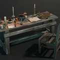 Vintage Wooden Desk With Candles Books Ink Bottles And Wooden Chair