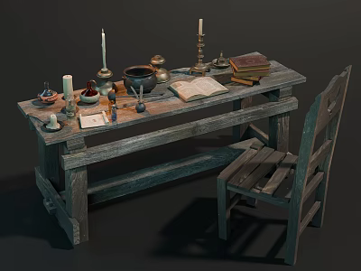 Vintage Wooden Desk With Candles Books Ink Bottles And Wooden Chair 3d model