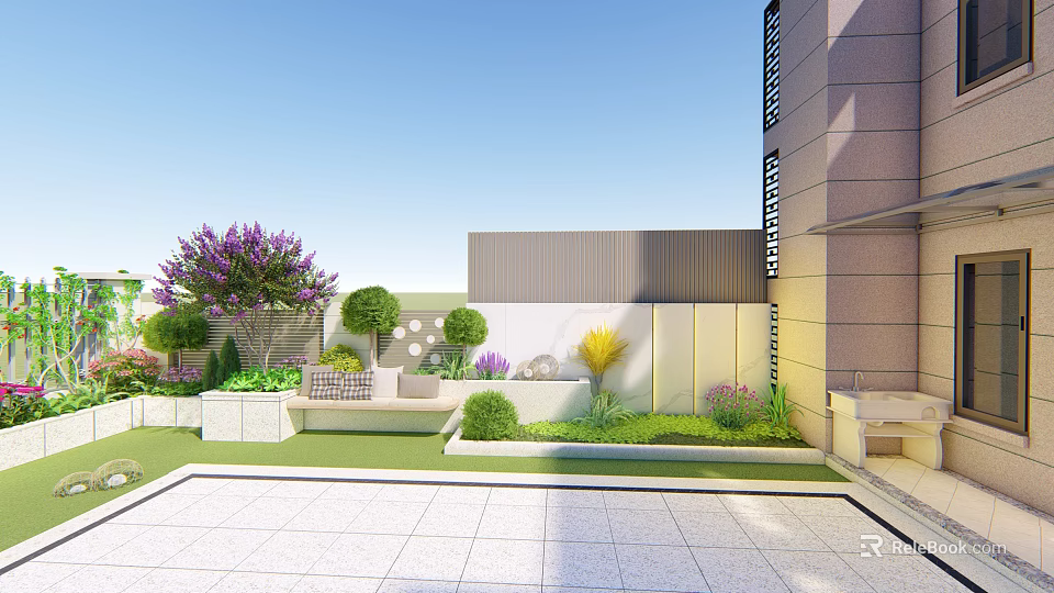 Modern Landscape Wall Design With Trimmed Trees Purple Flowers And Green Lawn 3d model 