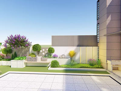 Modern Landscape Wall Design With Trimmed Trees Purple Flowers And Green Lawn 3d model