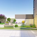 Modern Landscape Wall Design With Trimmed Trees Purple Flowers And Green Lawn