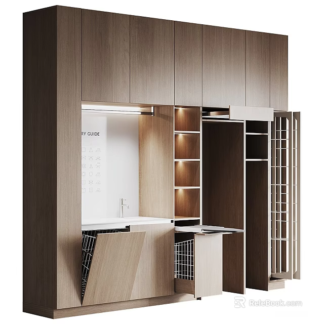 Modern Wooden Storage Cabinet With Built In Shelves And Task Lighting 3d model 
