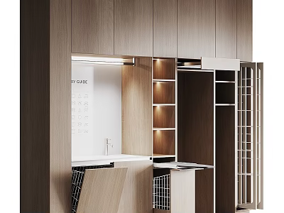 Modern Wooden Storage Cabinet With Built In Shelves And Task Lighting 3d model