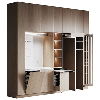 Modern Wooden Storage Cabinet With Built In Shelves And Task Lighting 3d model
