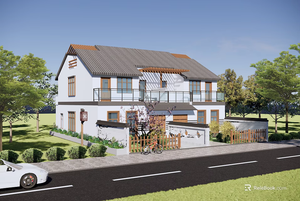 Modern Style House Exterior With White Walls Gray Roof Trees And Lawn 3d model 