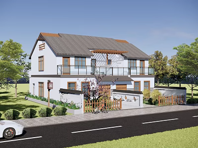 Modern Style House Exterior With White Walls Gray Roof Trees And Lawn 3d model