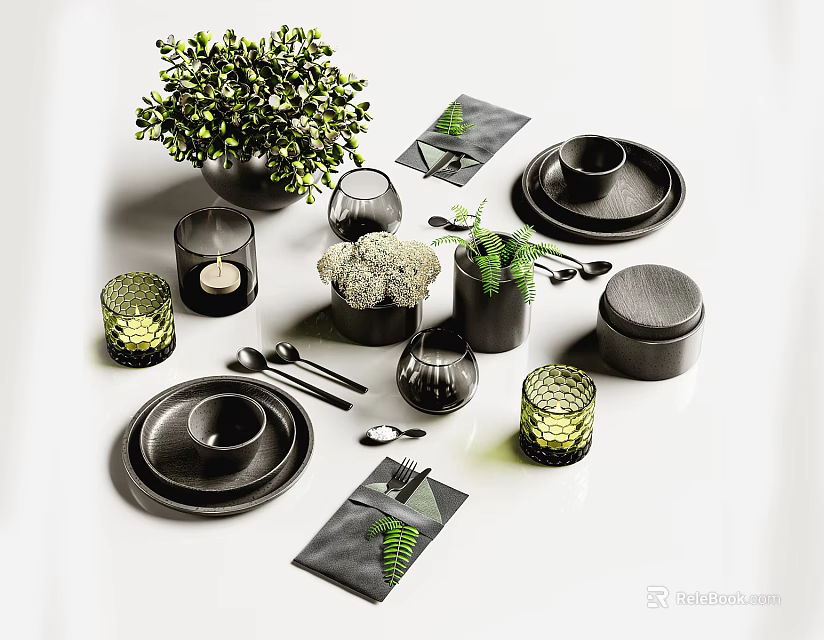Minimalist Black Tableware Set With Green Plant Decor Glassware Napkins And Candles 3d model 