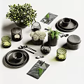 Minimalist Black Tableware Set With Green Plant Decor Glassware Napkins And Candles