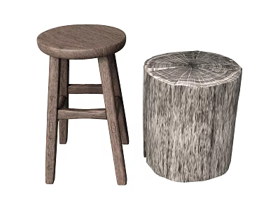 Wooden Stool With Three Legs Round Seat And Tree Stump Stool With Natural Bark 3d model