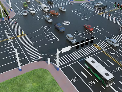 Urban Road Infrastructure With Traffic Lights Zebra Crossings Bicycle Lanes Buses And Vehicles 3d model