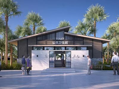 Modern Public Toilet Facility With Palm Trees And Outdoor Area Where People Are Walking Nearby 3d model