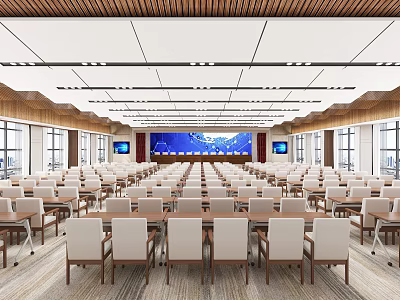 Spacious Conference Room Interior With Neatly Arranged Seats Large Front Screen And Wooden Panel Ceiling 3d model