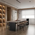 Modern Open Living and Dining Room With Wooden Table Pendant Lights TV Wall And Sofa