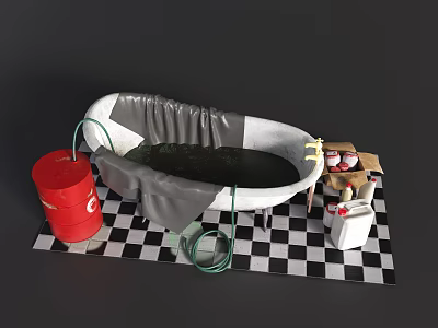 Bathtub with Red Oil Drum Green Hose Small Table Items on Black White Checkered Floor 3d model