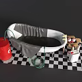 Bathtub with Red Oil Drum Green Hose Small Table Items on Black White Checkered Floor
