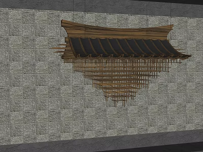 Traditional Wooden Chandelier With Overhanging Eaves Design Hanging On Stone Wall 3d model