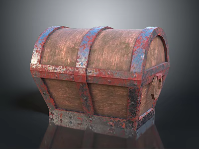 Vintage Wooden Chest With Worn Red And Blue Metal Bands And Rustic Design 3d model