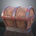 Vintage Wooden Chest With Worn Red And Blue Metal Bands And Rustic Design