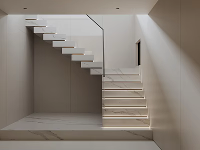 Modern Marble Staircase Design With LED Strip Lights And Sleek Handrail Interior 3d model