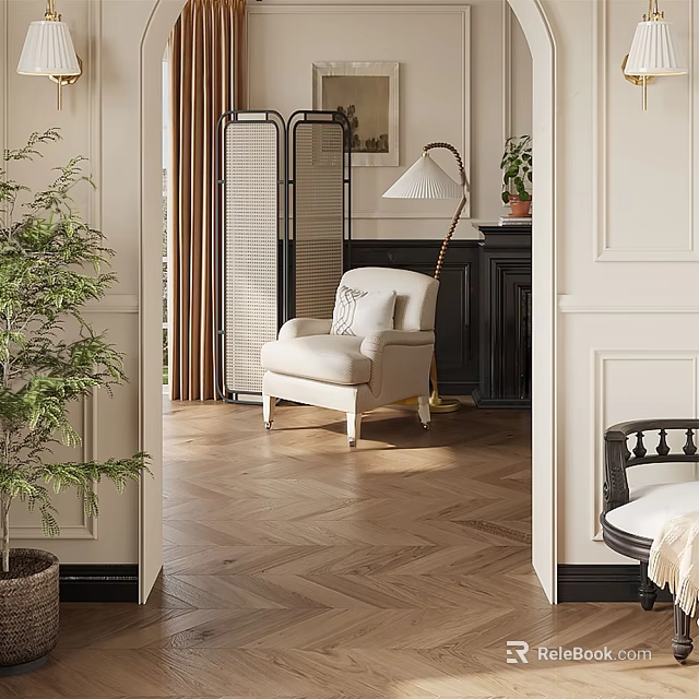 Elegant Entryway Interior Design With Herringbone Wooden Floor Room Divider Accent Chair And Floor Lamp 3d model 