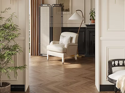 Elegant Entryway Interior Design With Herringbone Wooden Floor Room Divider Accent Chair And Floor Lamp 3d model
