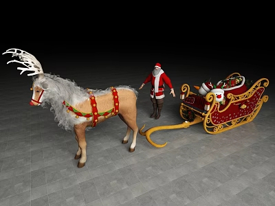 Game and Movie Character Reindeer with Santa Claus and Festive Sleigh Decorations Design 3d model