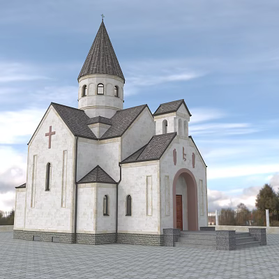 Traditional Christian Church Building With Spire Cross White Exterior Gray Roof And Arched Doorway 3d model